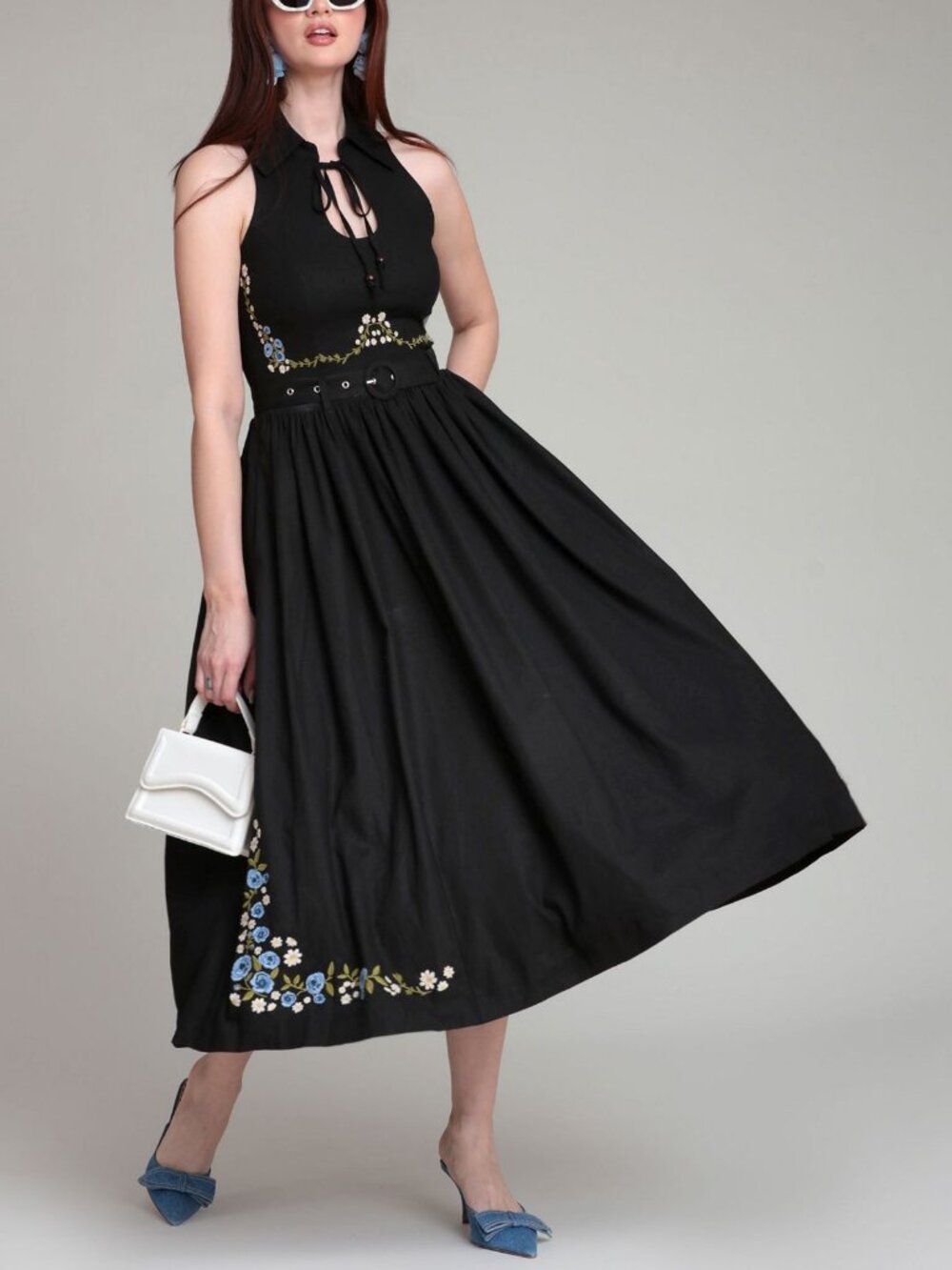 NWT Avec Les Filles Tie Neck Collared Midi Dress
